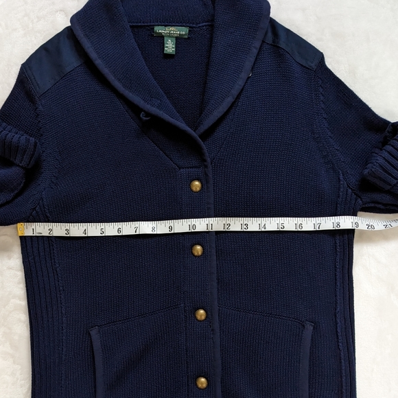 Lauren Ralph Lauren Navy Shawl Collar Elbow Shoulder Patch Gold Button Cardigan - Picture 7 of 13